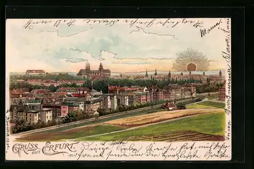 Sonnenschein-Lithographie Erfurt, Sonnanaufgang über der Stadt