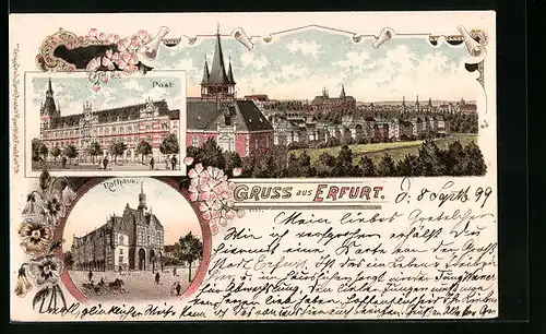 Lithographie Erfurt, Post, Rathaus, Totalansicht