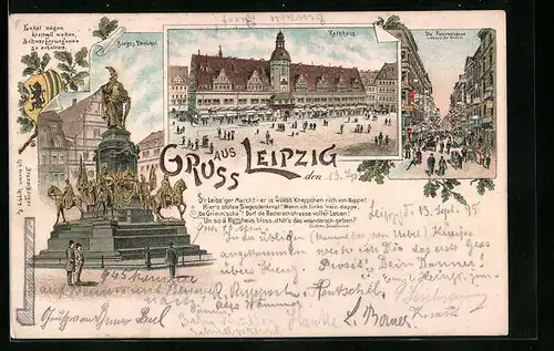 Lithographie Leipzig, Siegesdenkmal, Rathaus, Petersstrasse