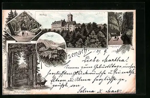 Vorläufer-Lithographie Eisenach, 1894, Wartburg, Annatal, Mariental, Drachenschlucht