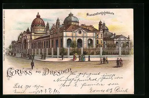 Lithographie Dresden, Strassenpartie am Ausstellungsgebäude