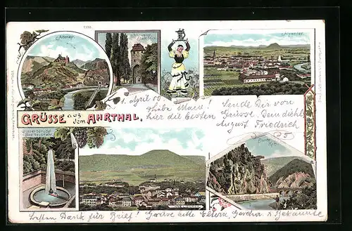 Lithographie Ahrtal, Altenahr, Ahrweiler, Bunte Kuh, Totalansicht