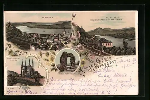 Lithographie Remagen, Rolandsbogen, Apollinariskirche, Totalansicht