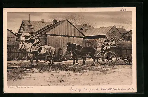 AK Pinsk, Strassenbild mit Pferdekutsche