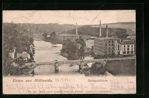 AK Mittweida, Zschopaubrücke aus der Vogelschau