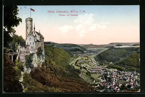 AK Honau, Schloss Lichtenstein, Ortsansicht mit Echaztal aus der Vogelschau