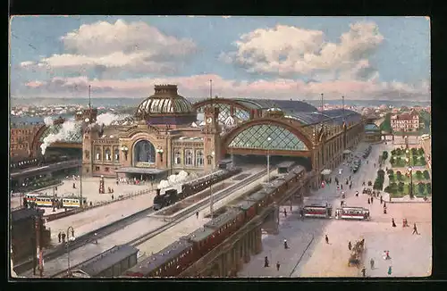 AK Dresden, Hauptbahnhof aus der Vogelschau, mit Strassenbahn