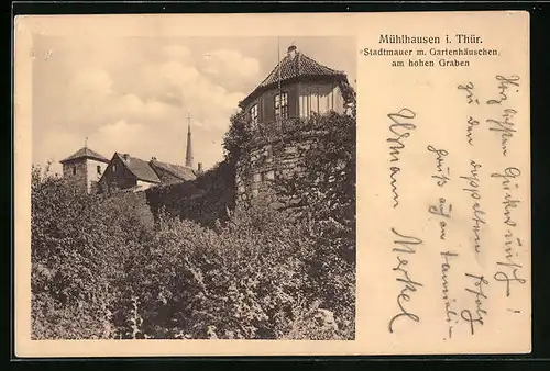 AK Mühlhausen /Thür., Stadtmauer m. Gartenhäuschen am hohen Graben