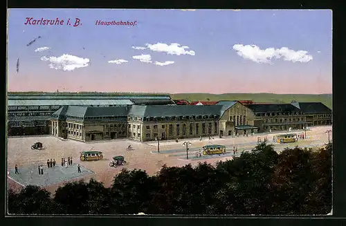 AK Karlsruhe i. B., Hauptbahnhof aus der Vogelschau