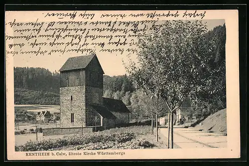 AK Kentheim b. Calw, Strassenpartie mit alter Kirche