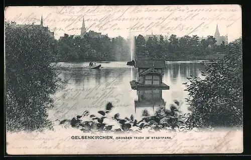 AK Gelsenkirchen, Grosser Teich im Stadtpark mit Ruderboot
