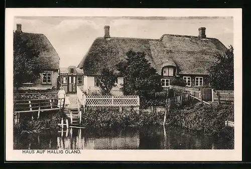 AK Hallig Oland, Reetgedecktes Haus am Wasser