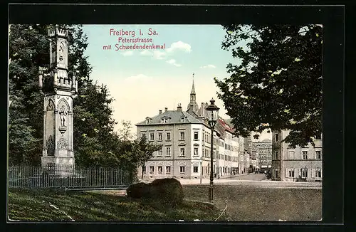 AK Freiberg i. Sa., Petersstrasse mit Schwedendenkmal