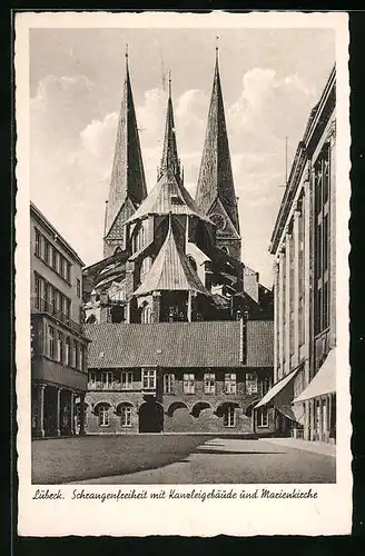 AK Lübeck, Schrangenfreiheit mit Kanzleigebäude und Marienkirche