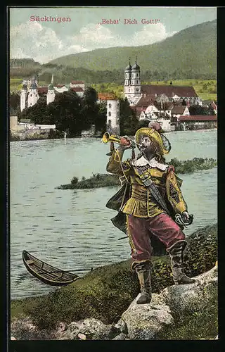 AK Säckingen, Ortsansicht, Spruch Behüt dich Gott!, Soldat mit Trompete