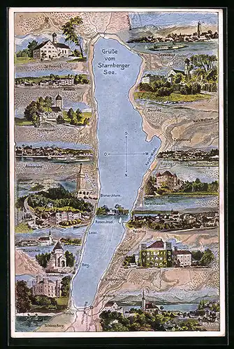 AK Starnberg /Starnberger See, künstlerische Gesamtansicht des Sees mit verschiedenen Orten