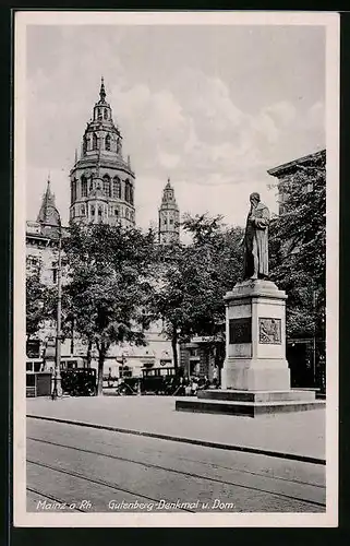 AK Mainz a. Rh., Gutenberg-Denkmal und Dom