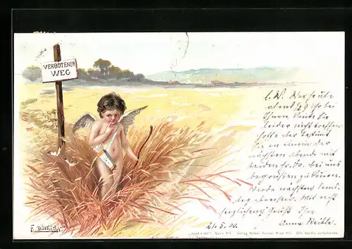 Künstler-AK E. Döcker: Verschmitzt blickender Amor auf einem verbotenem Pfad