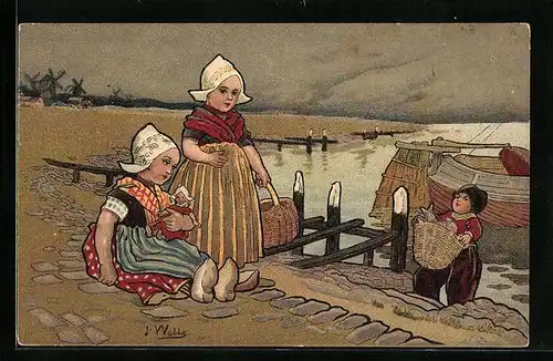 Künstler-AK sign. J. Wells: Niederländische Kinder mit Holzschuhen bei einem Fischerboot