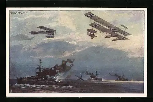Künstler-AK Hans Rudolf Schulze: Deutsche Wasserflugzeuge über der englischen Flotte