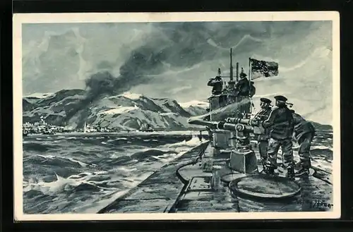 Künstler-AK Willy Stoewer: Deutsches U-Boot im Eismeer beim Beschuss von Alexandrowsk