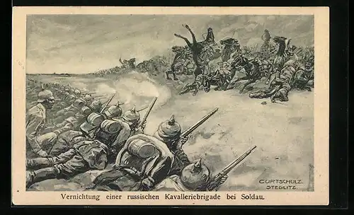 Künstler-AK Curt Schulz-Steglitz: Vernichtung einer russischen Kavalleriebrigade bei Soldau