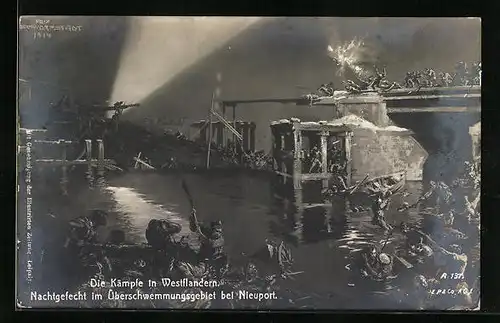 Künstler-AK Felix Schwormstädt: Die Kämpf in Westflandern, Nachtgefecht im Überschwemmungsgebiet bei Nieuport