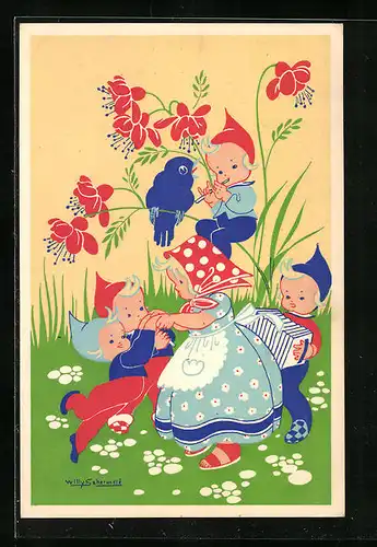 Künstler-AK Willy Schermele: Mutter mit ihren Kindern beim Musizieren und Tanzen