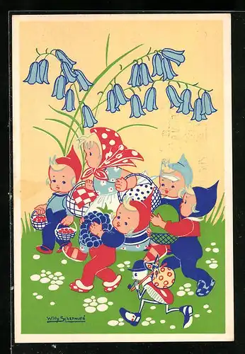Künstler-AK Willy Schermele: Mutter macht mit ihren Kindern einen Ausflug ins Grüne