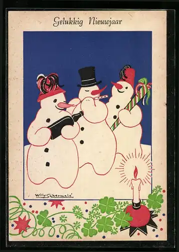Künstler-AK Willy Schermele: Schneemänner feiern Neujahr