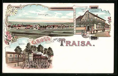 Lithographie Traisa, Hotel-Restaurant von Riedmatter, Ortsansicht