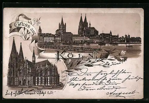 Vorläufer-Lithographie Köln, 1894, Totalansicht vom Dom, Vedutenansicht