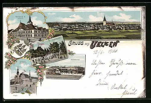Lithographie Uelzen, Rathaus und Kirche, Fischerhof, Bahnhof, Kaiserl. Postamt