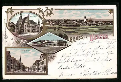 Lithographie Uelzen, Reichspost, Bahnhof, Gudesstrasse, Totalansicht