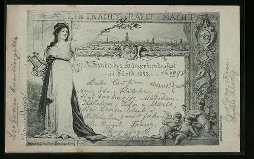 AK Fürth, IX. Fränkisches Sängerbundesfest in 1898, Germania mit Amor
