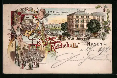 Lithographie Hagen i. W., Konzerthaus und Restaurant Reichshalle, Strassenbahn