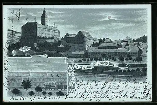 Mondschein-Lithographie Gundelsheim, Gastof zum Prinz Carl, Schloss