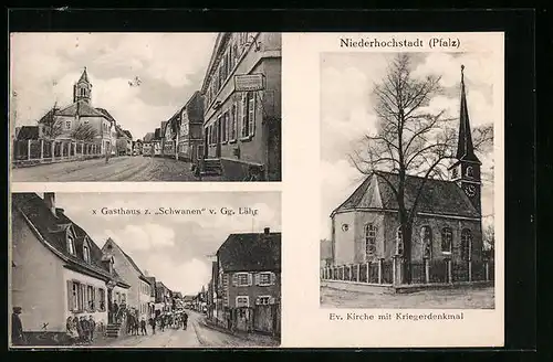 AK Niederhochstadt /Pfalz, Gasthaus zum Schwanen, Ev. Kirche mit Kriegerdenkmal