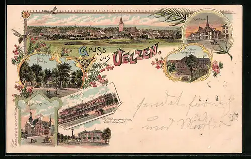 Lithographie Uelzen, Gasthaus Fischerhof, Bahnhof, Rathaus