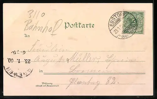 Lithographie Uelzen, Gasthaus Fischerhof, Bahnhof, Rathaus
