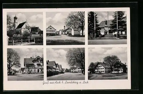 AK Asch b. Landsberg a. Lech, Strassenpartie mit Gasthof, Kirche, Denkmal