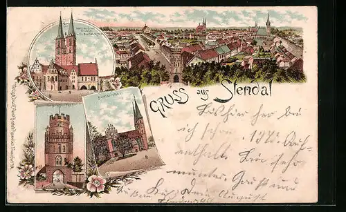 Lithographie Stendal, Rathaus mit Roland und St. Marienkirche, Ünglinger Tor, Domkirche