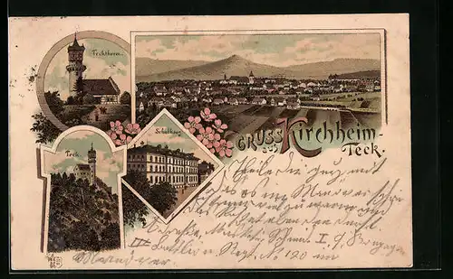 Lithographie Kirchheim-Teck, Ortspartie, Teckturm, Schulhaus