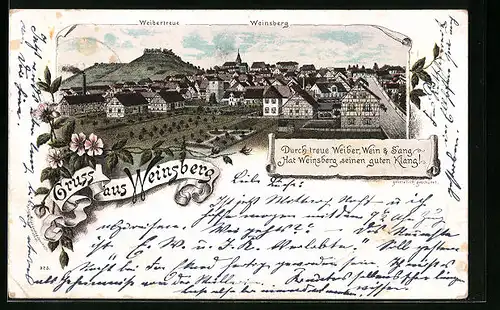 Lithographie Weinsberg, Teilansicht mit Burgruine Weibertreue