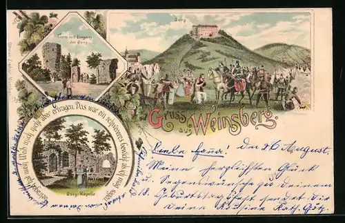 Lithographie Weinsberg, Burg, Turm mit Eingang, Burg-Kapelle