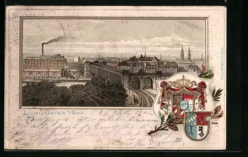 Passepartout-Lithographie Ludwigshafen a /Rhein, Teilansicht mit Bahngleis, Wappen