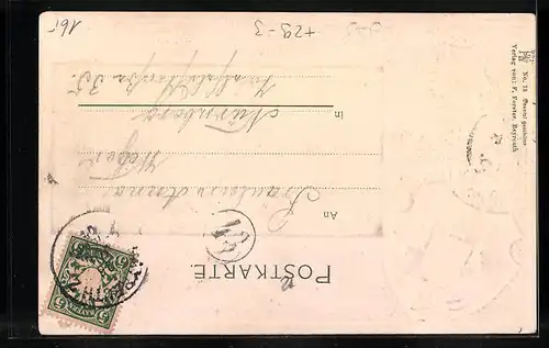 Passepartout-Lithographie Bayreuth, Teilansicht mit Strassenpartie, Wappen