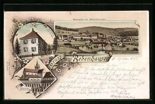 Lithographie Bebenhausen, Gasthaus zum Hirsch, Kloster, Panorama