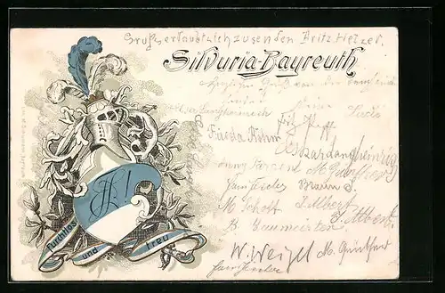 Lithographie Bayreuth, Silvuria, Ritterhelm & Studentenwappen