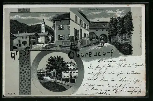 Mondschein-Lithographie Oberaudorf, Tor am Burgberg, Strassenpartie mit Kirche, Ortspartie